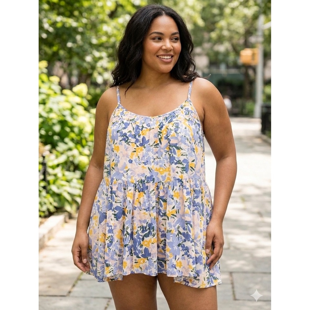 Torrid Babydoll Sz 2X Floral Tiered Coquette Cami Top Blue Yellow Rayon
